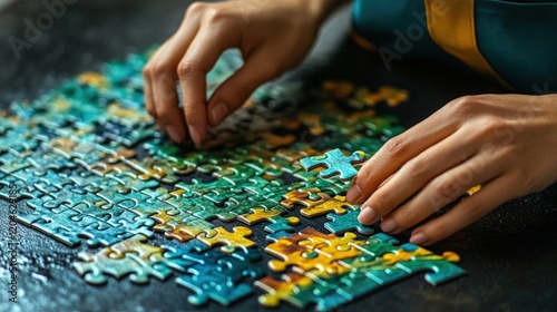 Close-up of Hands Carefully Assembling a Colorful Jigsaw Puzzle
