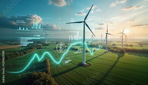 Aerial view of wind turbines in green fields. Data graphics overlaid show eco growth, electricity prices. Analysis of energy resources for sustainability. Trendy renewable tech, eco-friendly photo