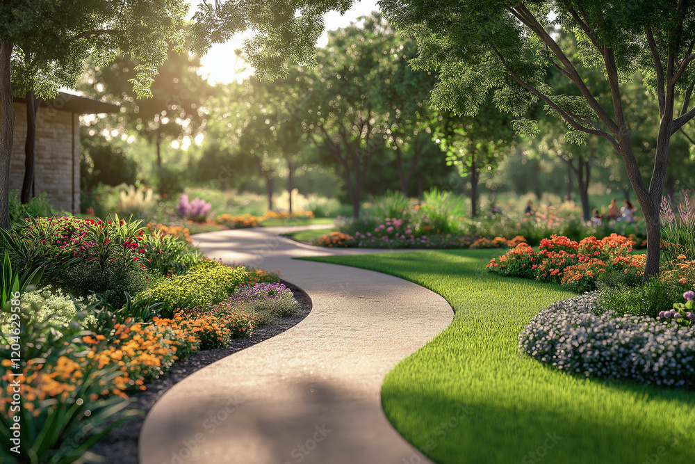 Obraz premium Serene Jogging Path Through Beautifully Landscaped Nature for Morning Exercise