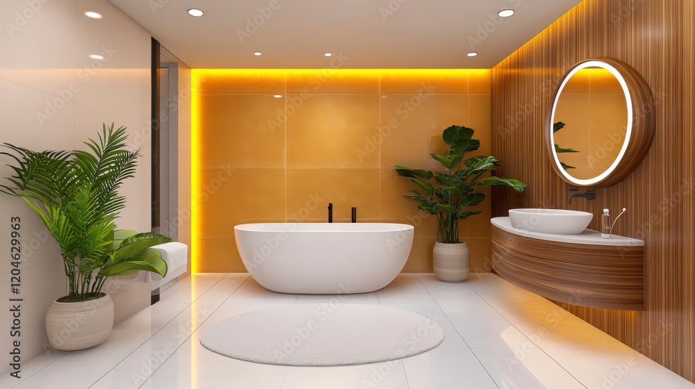 Fototapeta premium Modern Bathroom Design with Stylish Bathtub and Wall Plants