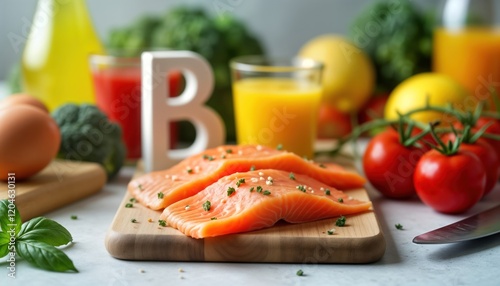 Fresh salmon slices displayed on wooden cutting board. Various fresh ingredients like broccoli, tomatoes, eggs surround salmon, glass of orange juice visible. Image highlights healthy food choices photo