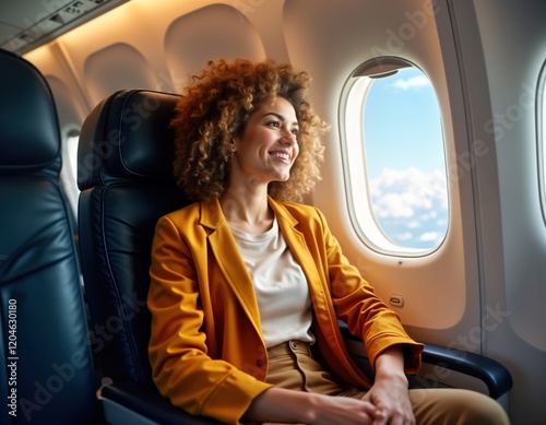 Happy woman sits in airplane seat looking out window. Enjoys journey, vacation. Photo shows smiling person relaxing on air trip. Young female traveler looking out of plane window. Wearing yellow