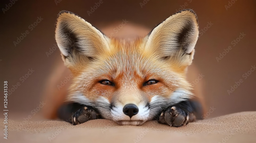 Obraz premium Red fox resting on sand dune, desert sunset background, wildlife photography, nature poster