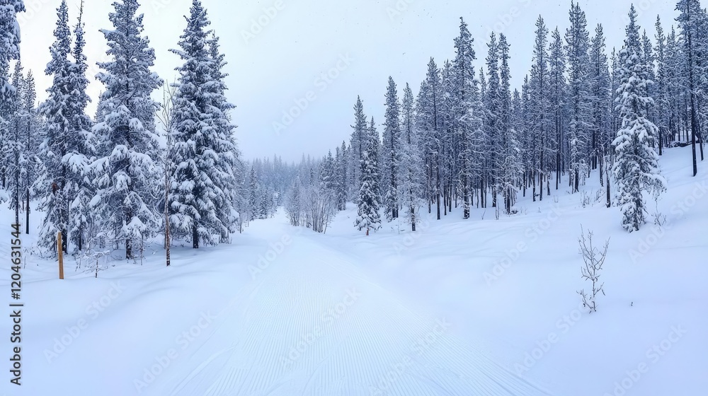 Snow-covered trail through snowy pine forest, winter landscape, cross-country skiing Snow-covered trail through snowy pine forest, winter landscape, cross-country skiing