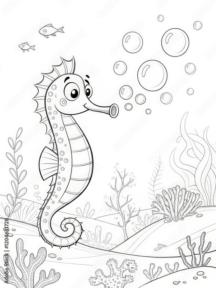 Fototapeta premium A playful seahorse surrounded by bubbles in an underwater scene. outline for coloring.