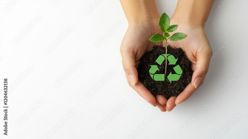 Global Recycling Day Environment Sustainability Reuse Global Hands holding a small plant with recycling symbol. Global Recycling Day Environment Sustainability Reuse Global Hands holding a small plant with recycling symbol.