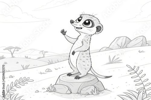 A cute meerkat waving while standing on a rock in a sketchy landscape. outline for coloring. photo