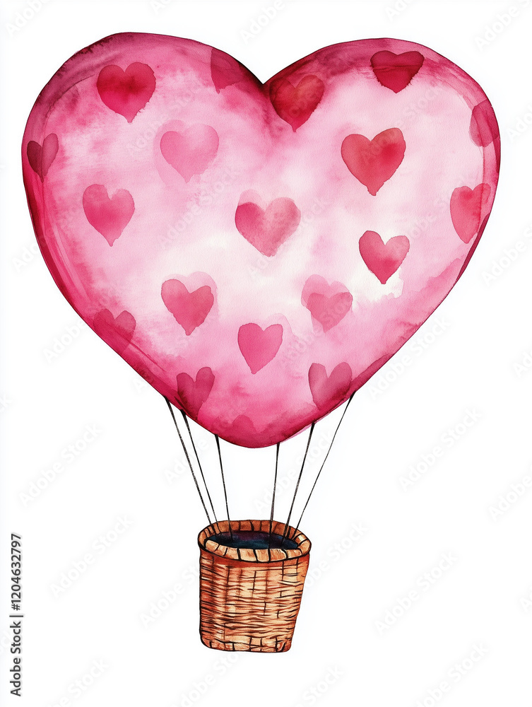 Hand-Drawn Watercolor Heart-Shaped Hot-Air Balloon for Valentine’s Day on White Background