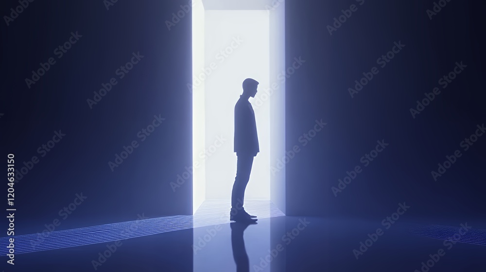 Silhouette of a man at a bright doorway, symbolizing choice and transition Silhouette of a man at a bright doorway, symbolizing choice and transition