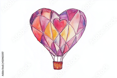 Hand-Drawn Watercolor Heart-Shaped Hot-Air Balloon for Valentine’s Day on White Background