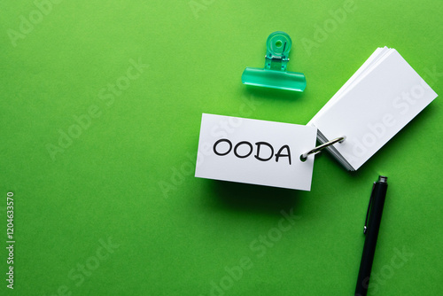 There is word card with the word OODA. It is an abbreviation for Observe, Orient, Decide, Act as eye-catching image. photo