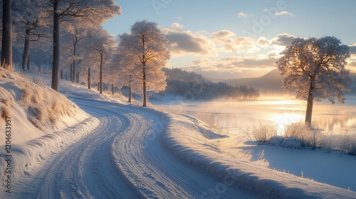 Snowy road sunrise winter landscape