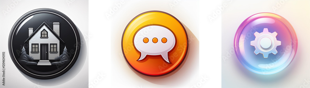 Naklejka premium Three glossy circular buttons depict a house, a speech bubble, and a gear. They represent home, communication, and settings respectively.