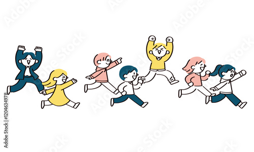 同じ方向に走る子供たちのイラスト
