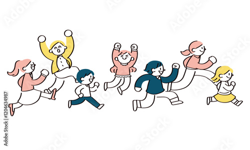 同じ方向に走る人たちのイラスト