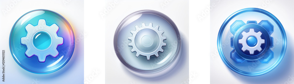 Three glossy, circular icons feature a gear symbol in varying shades of blue. The central gear design differs slightly in each icon. Three glossy, circular icons feature a gear symbol in varying shades of blue. The central gear design differs slightly in each icon.