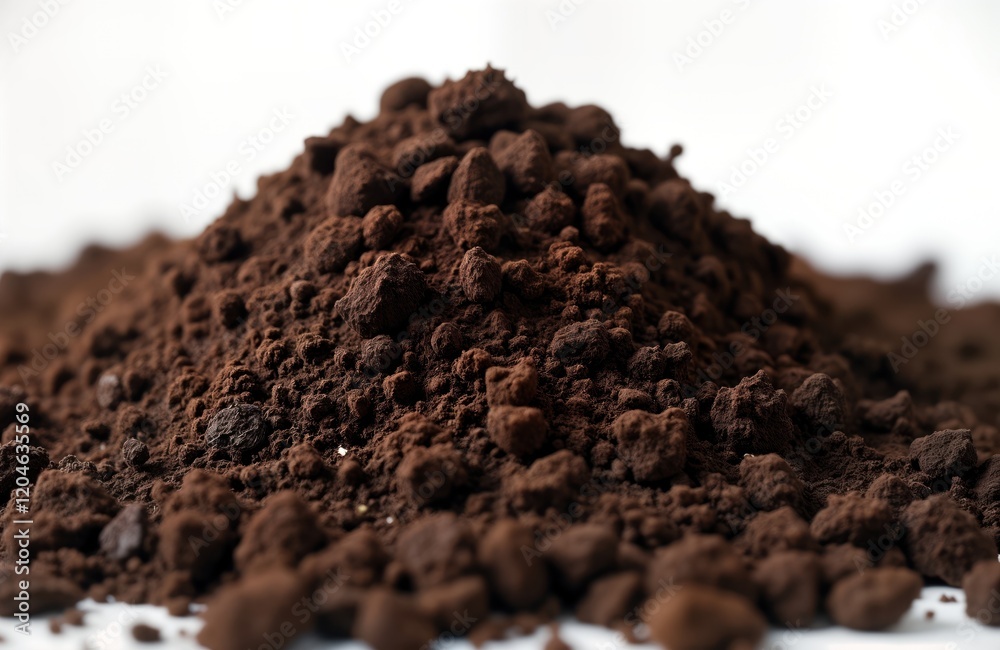 Close-up view of dark brown soil pile. Soil particles show texture, composition. Isolated on white background. Image suitable for agriculture, gardening, nature themes. Perfect for soil types, Close-up view of dark brown soil pile. Soil particles show texture, composition. Isolated on white background. Image suitable for agriculture, gardening, nature themes. Perfect for soil types,