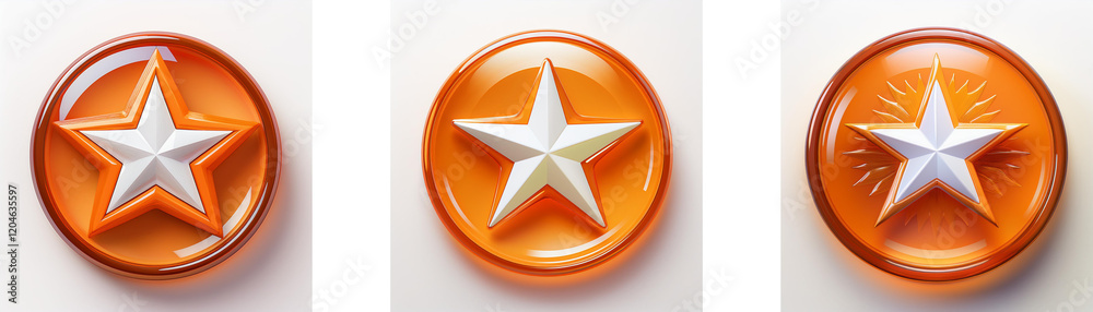 Three orange circular buttons feature a central white star; variations in star design and button texture. Three orange circular buttons feature a central white star; variations in star design and button texture.