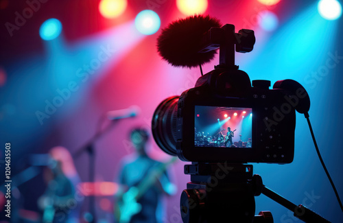 Pro video camera records live music performance under vibrant stage lights. Camera on tripod captures band playing on stage. Bright colorful lights highlight musicians. Live music event filmed for