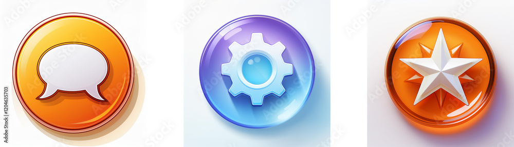 Three glossy circular icons: a speech bubble, gear, and star. Simple, vibrant designs ideal for app interfaces. Three glossy circular icons: a speech bubble, gear, and star. Simple, vibrant designs ideal for app interfaces.
