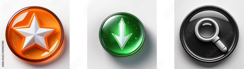Obraz premium Three glossy circular buttons feature a star, a downward arrow, and a magnifying glass. Each button displays a distinct symbol, offering a visual representation of different functions or actions.