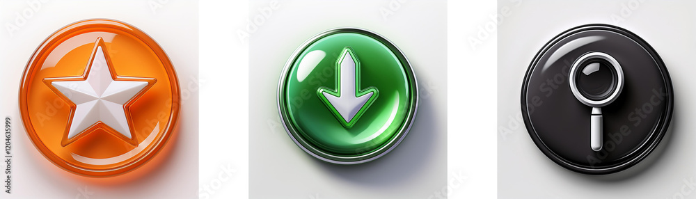 Three glossy circular buttons feature a star, a download arrow, and a magnifying glass. Each button displays a distinct symbol in high contrast against a vibrant background. Three glossy circular buttons feature a star, a download arrow, and a magnifying glass. Each button displays a distinct symbol in high contrast against a vibrant background.