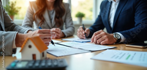 Business people sign house purchase agreement. Real estate agents, bank manager discuss details of loan. Documents on table with small model house, calculator. Financial transaction process underway.