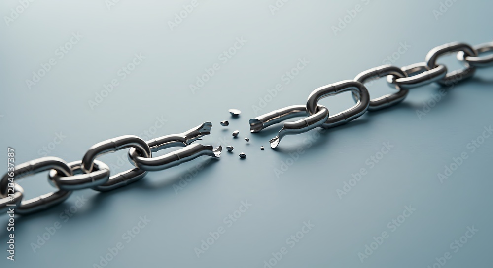Fototapeta premium Broken metallic chain with shattered links on a gray surface, concept for freedom, disruption and change