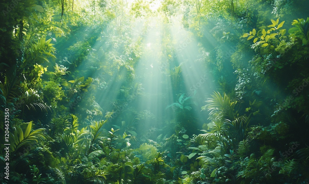Sunbeams in lush jungle, vibrant green foliage, tranquil background, nature scene Sunbeams in lush jungle, vibrant green foliage, tranquil background, nature scene