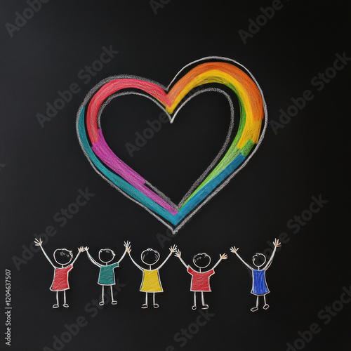 Hand drawn rainbow heart with colorful figures celebrating joyfully photo