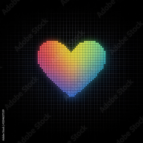 Colorful heart shape constructed with tiny pixels, radiating joy and love