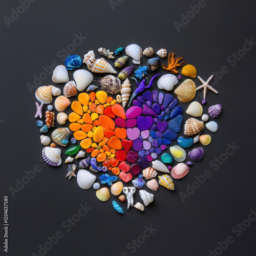 Colorful heart made of seashells and stones on dark background, evoking joy and creativity photo