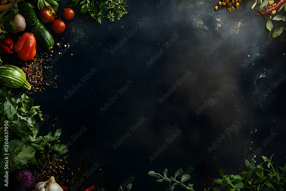 Fresh Vegetables and Spices on Dark Rustic Background - Empty Space for Text Fresh Vegetables and Spices on Dark Rustic Background - Empty Space for Text