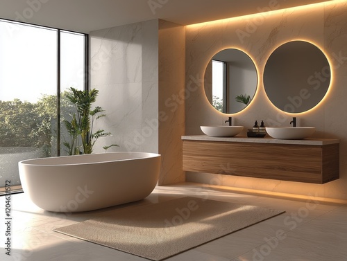 Minimalist luxury bathroom with marble walls freestanding bathtub wooden vanity and natural light