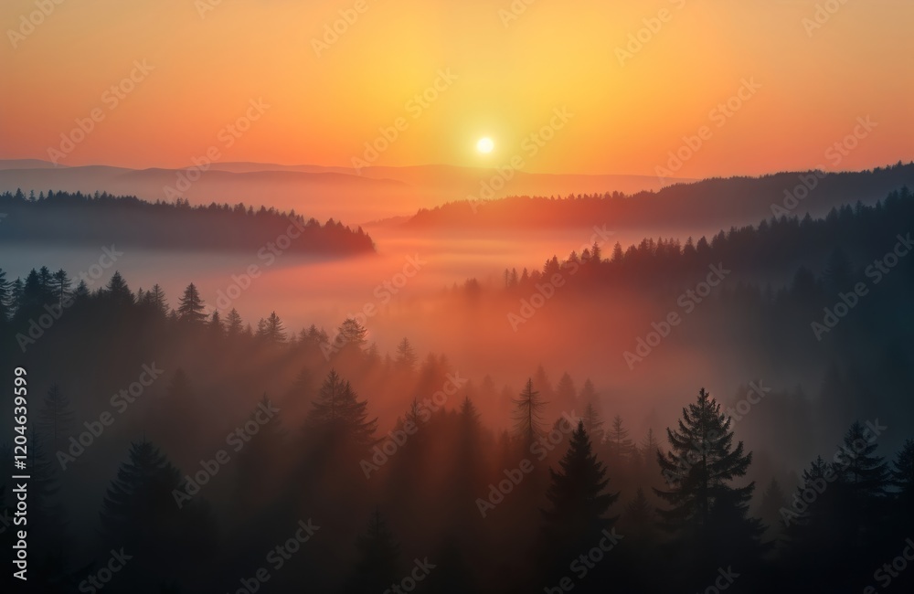 Obraz premium Misty sunrise over dense forest. Sunrise paints fog with warm colors. Trees stand out in silhouette against rising sun. Tranquil scene of nature. Perfect for nature lovers and eco tourism marketing.
