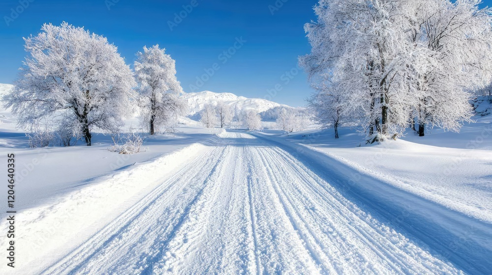 Fototapeta premium Snowy road through winter landscape, mountains in background; winter travel, scenic postcard