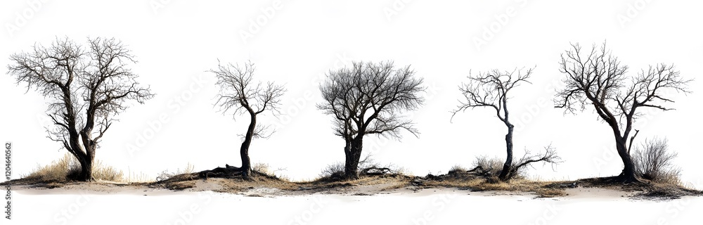 Five Leafless Trees Stand Isolated Against White Background