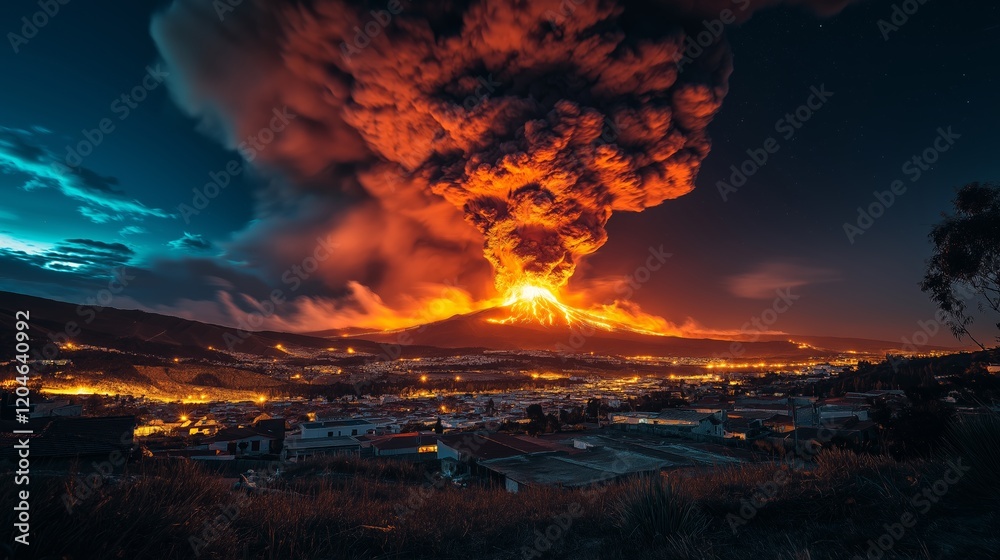 Volcanic eruption illuminates dark sky with glowing lava and smoke above city Volcanic eruption illuminates dark sky with glowing lava and smoke above city