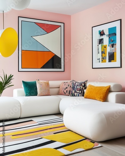A pop art living room with pastel pink walls, bold yellow geometric patterns, a white modular sofa, and colorful abstract prints