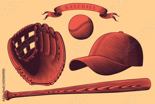 Baseball equipment. Design set. Editable hand drawn illustration. Vector vintage engraving. Isolated on light background. 8 EPS