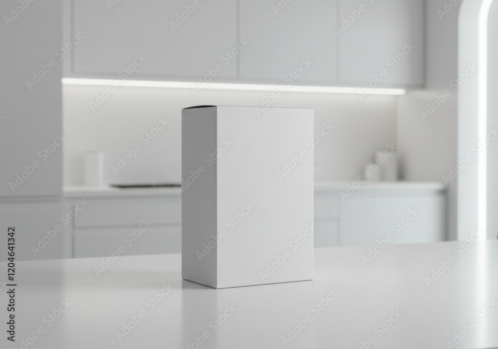 mockup Tall white minimalist box standing upright on a modern kitchen counter in a sleek, bright, and contemporary interior design space