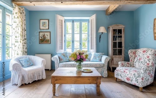 A Provencal living room with pastel blue walls, floral patterned furniture, reclaimed wood tables, and lace curtains for a cozy, vintage charm