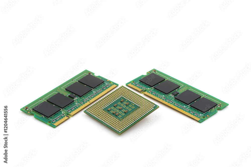 CPU and RAM isolated on a white background. CPU and RAM for a laptop. Set of RAM and processor. CPU and RAM isolated on a white background. CPU and RAM for a laptop. Set of RAM and processor.
