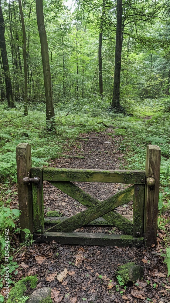 Moss Covered Wooden Gate in Lush Green Forest Trail Moss Covered Wooden Gate in Lush Green Forest Trail