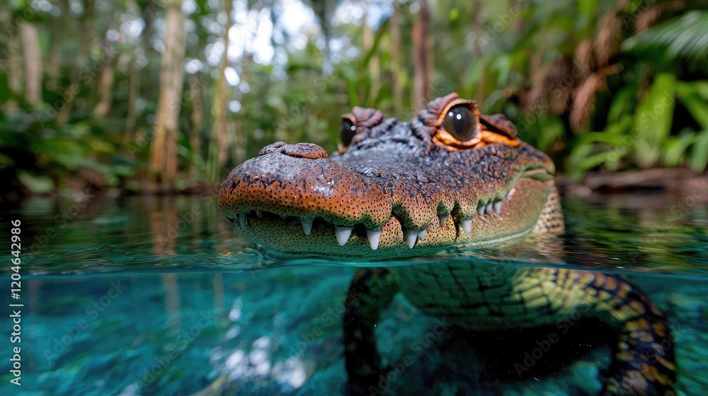 Fototapeta premium Small caiman swimming in the clear turquoise water of a tropical jungle river.