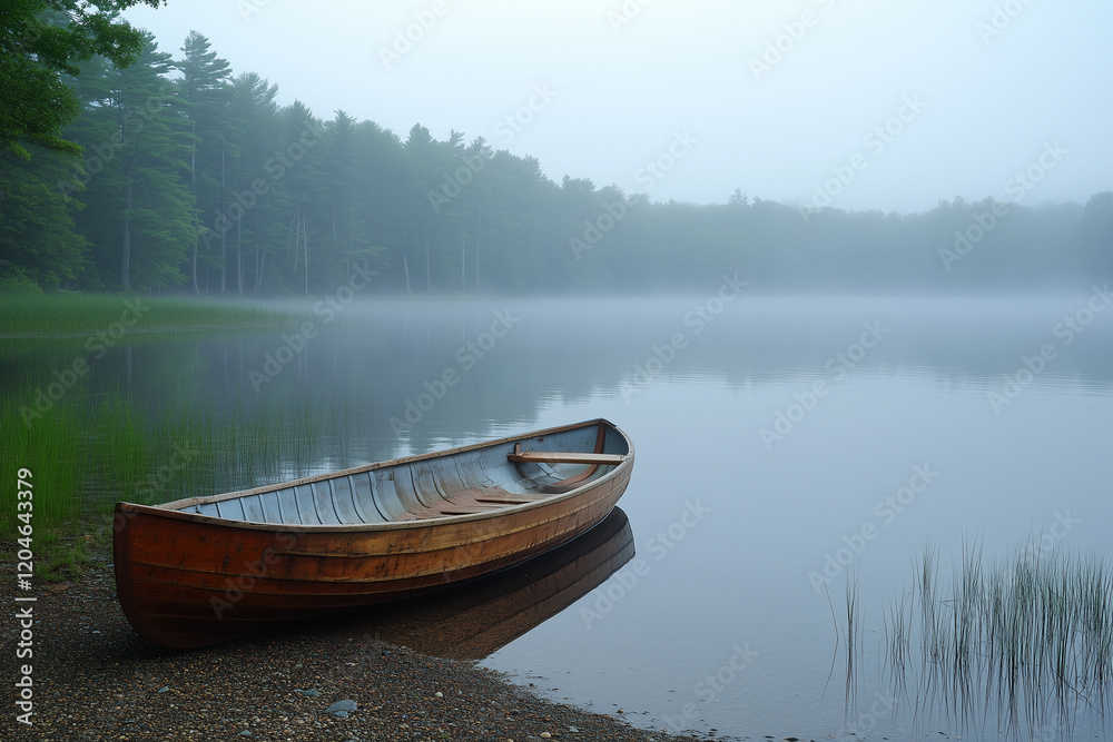 Through the Foggy Lake, a Lone Boat Drifted Aimlessly for a Peaceful and Solitary Scene Through the Foggy Lake, a Lone Boat Drifted Aimlessly for a Peaceful and Solitary Scene