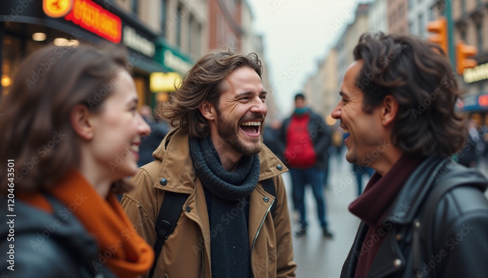 Obraz premium Joyful Conversation in Cityscape