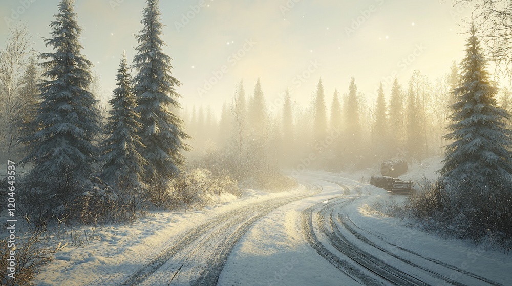 Snowy road curves through winter forest at sunrise Snowy road curves through winter forest at sunrise