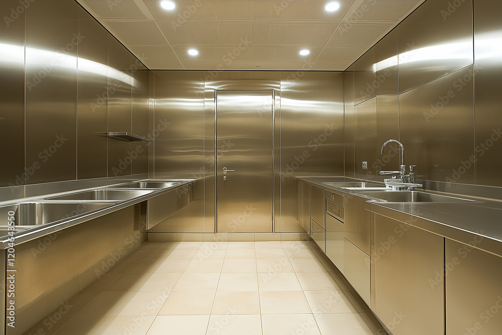 Obraz premium Canteen with Stainless Steel Walls and a Tiled Floor Offering Modern and Functional Design