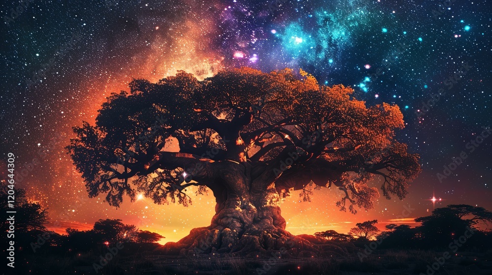 Ancient Tree Underneath A Starry Night Sky Ancient Tree Underneath A Starry Night Sky